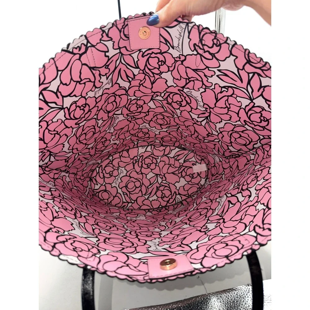 Victorias Secret Black Saffiano Scalloped Tote Bag Bombshell Floral Lining NEW